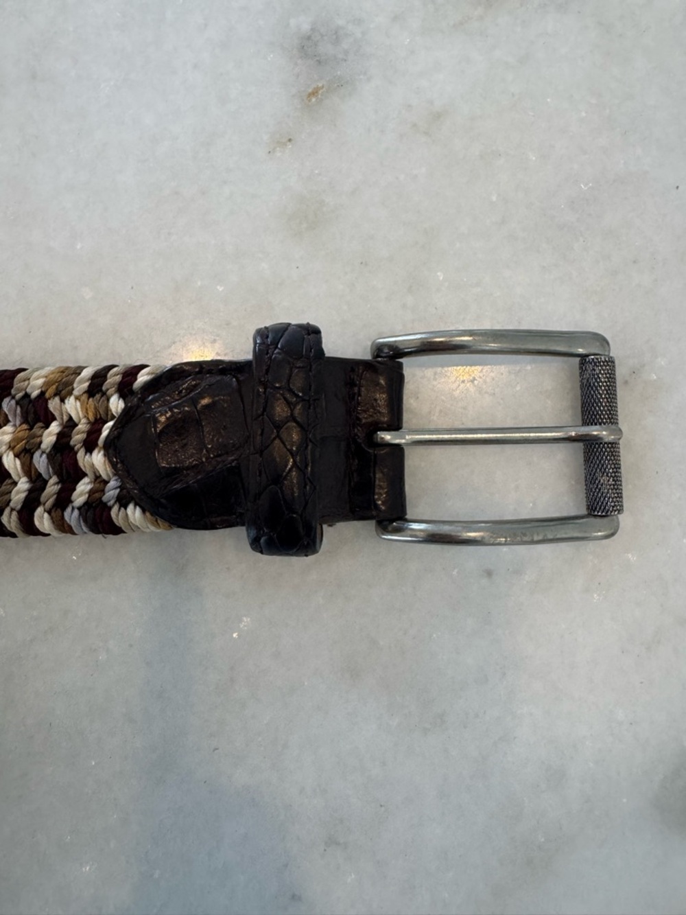 W. Kleinberg Woven Braided Crocodile-Trim Men’s Belt - Brown/Beige